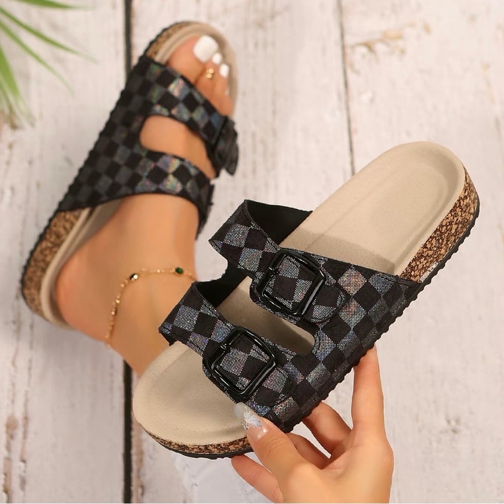 Black Checkered Double-Buckle Slide Sandals